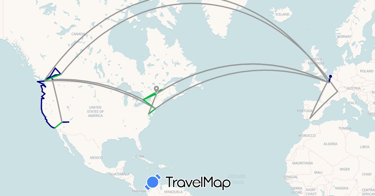 TravelMap itinerary: driving, bus, plane in Canada, Switzerland, Spain, France, United States (Europe, North America)